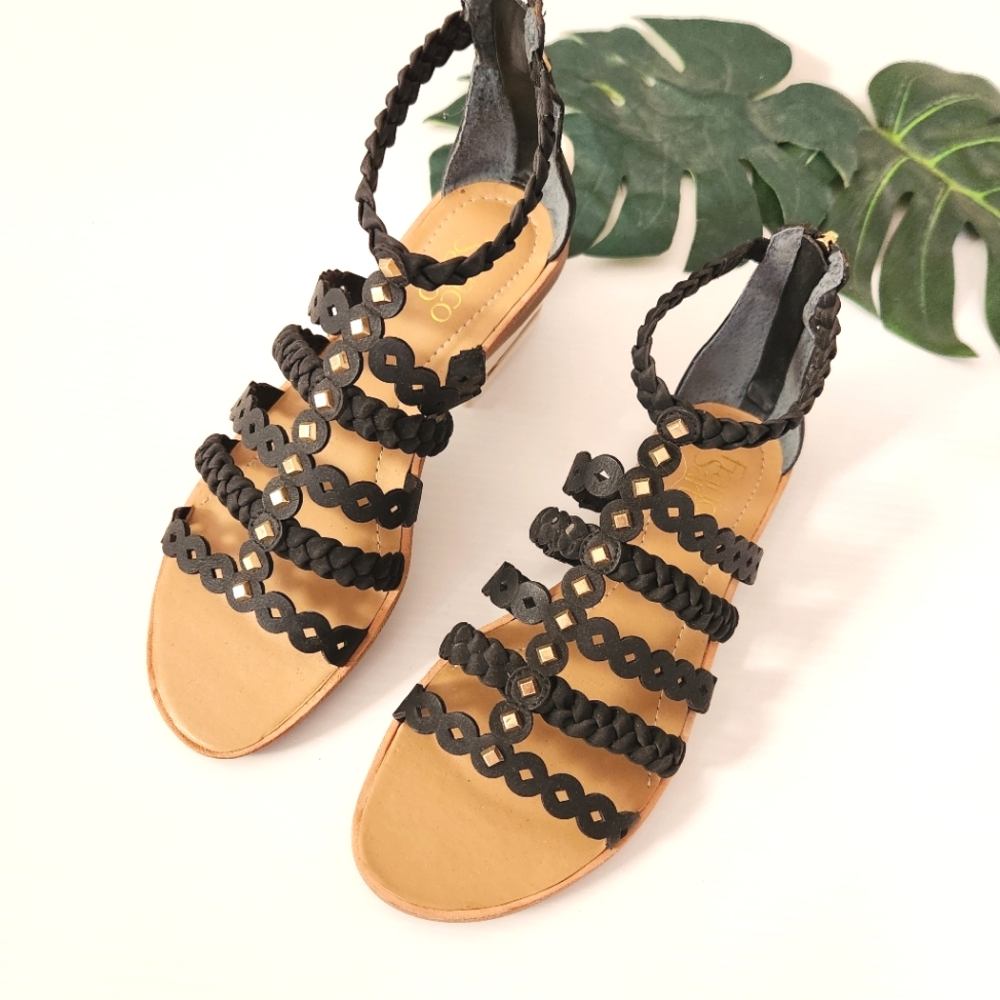 Franco Sarto Black Leather Stud Sandals,  Sz 7.5 / 8